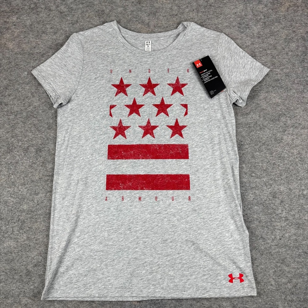 Under Armour HeatGear T-Shirt Loose Stars Stripes USA Flag Gray Womens Small S